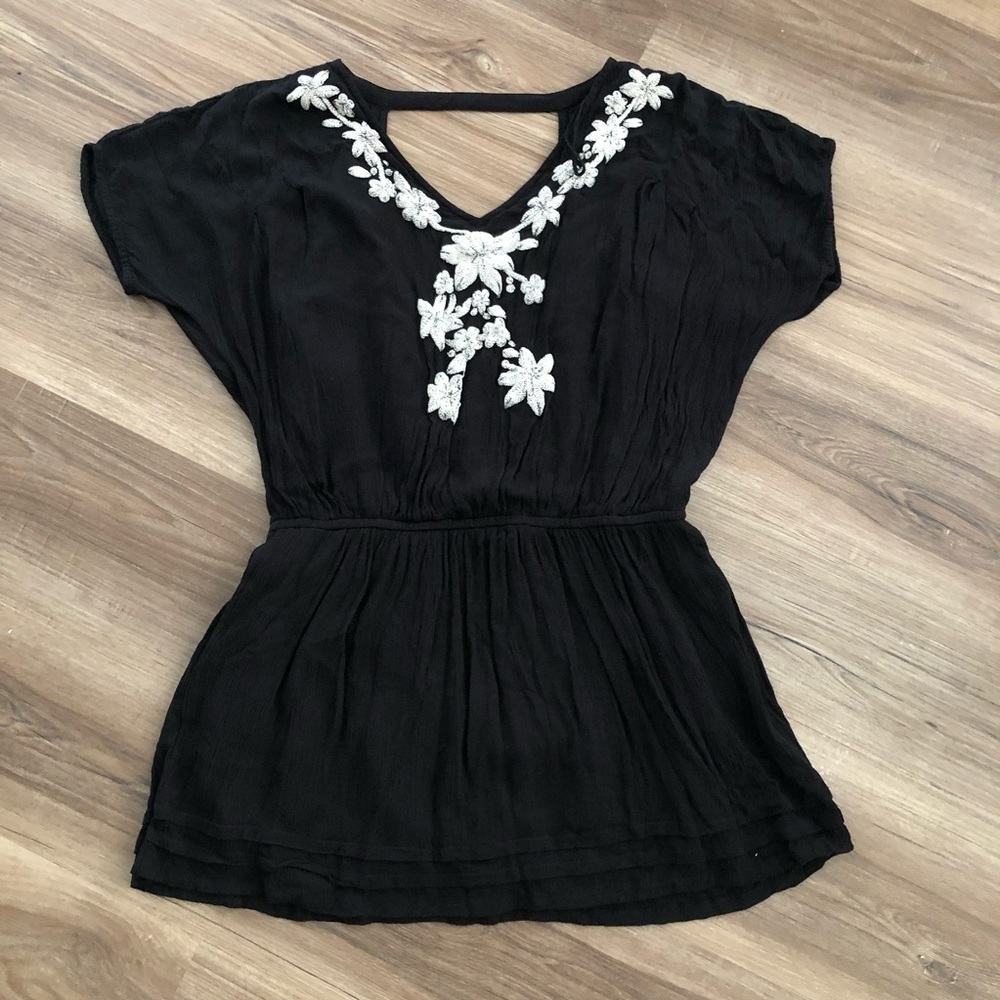 Free People Black floral embroidered loose fitted cinch waist boho dress sz S